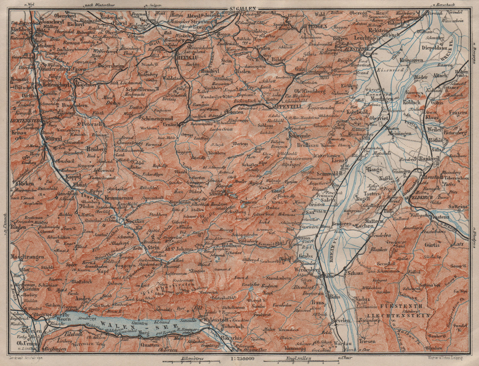APPENZELL CANTON. Wildhaus Unterwasser St. Gallen Trogen Walensee 1911 old map